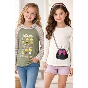 Emoji & Childrens Place‎ Graphic Top Hoodie Lot Green & Cream Kids M 7/8